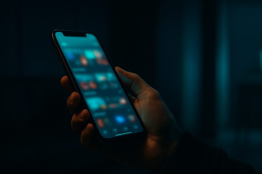 A hand holding a phone showing an active social media feed