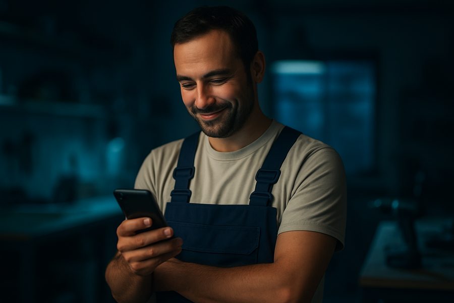 A local business owner smiling at a booked lead on his phone
